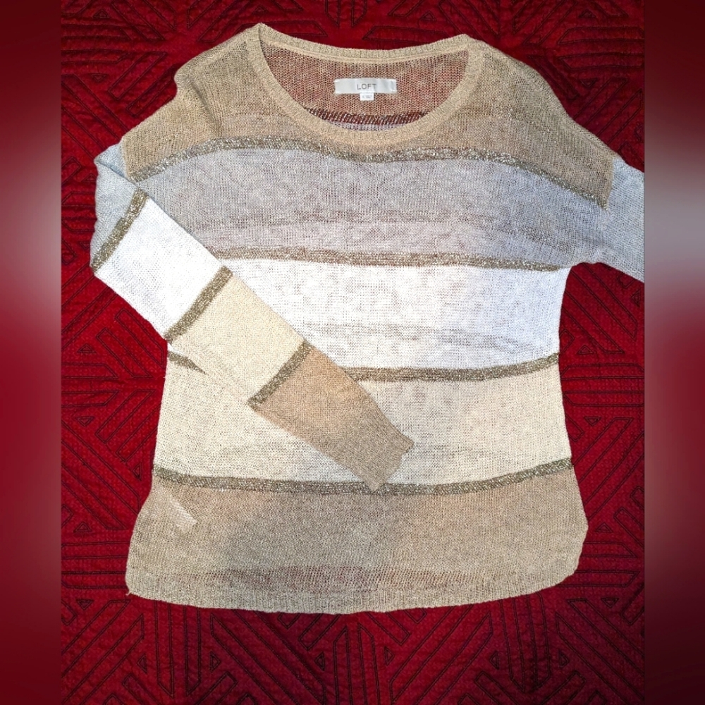 LOFT Sheer knit sweater, striped neutrals, metallic threads, Size Small Medium